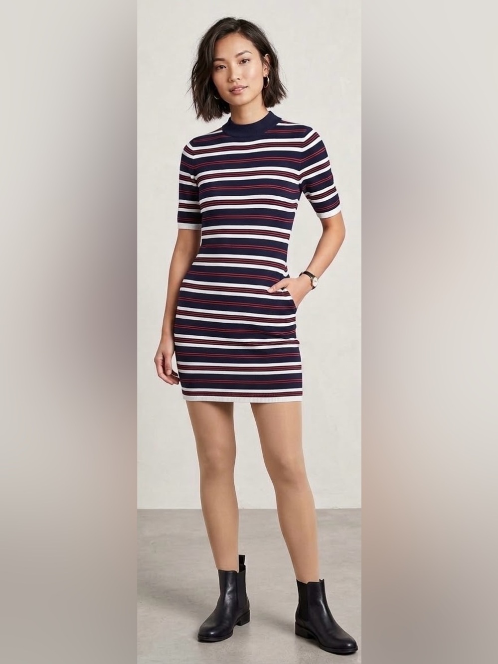 Revolve J.O.A. Los Angeles Striped Mock Neck Sweater Dress Navy Red White, Small